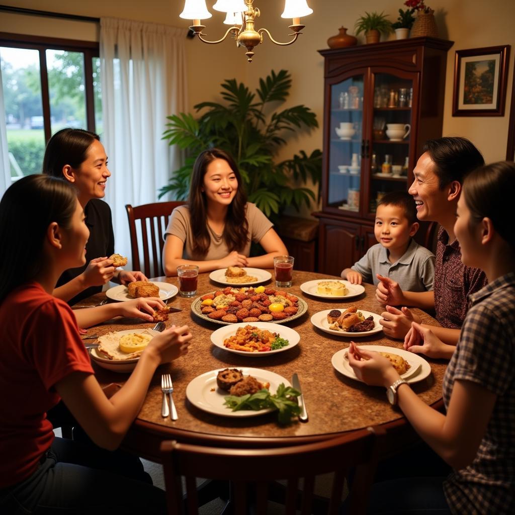 Family enjoying a meal together in a Kuala Terengganu homestay