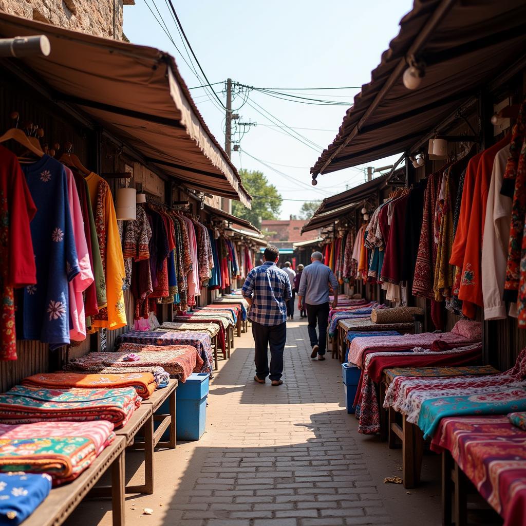 A bustling scene at Pasar Payang market in Kuala Terengganu, showcasing local vendors, colorful textiles, and fresh produce.