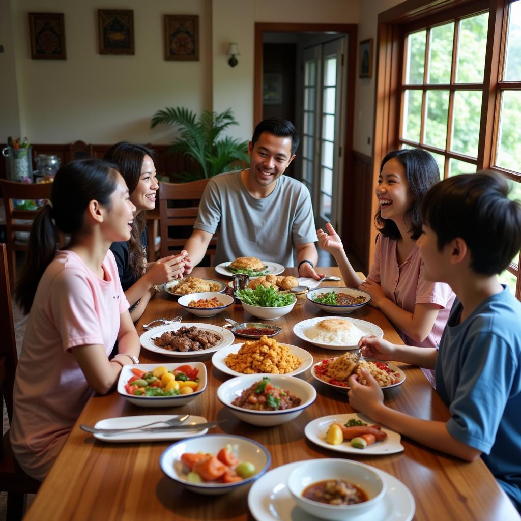 Family enjoying a traditional dinner with their Kundasang homestay hosts.