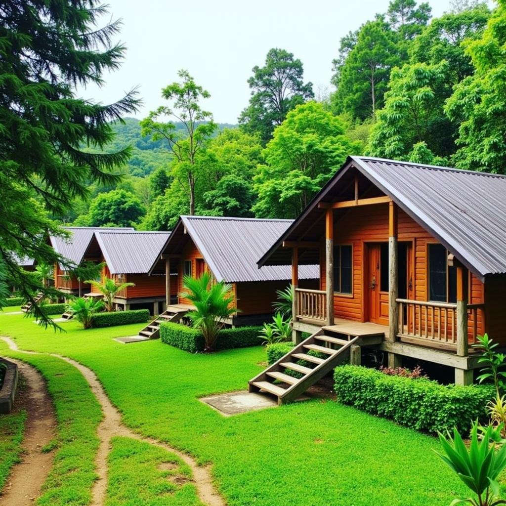 Tranquil village scene in Labuan Kampung Bukit Kuda with traditional wooden houses and lush greenery.