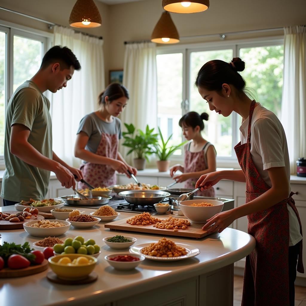 Preparing a meal in a Langkawi homestay kitchen