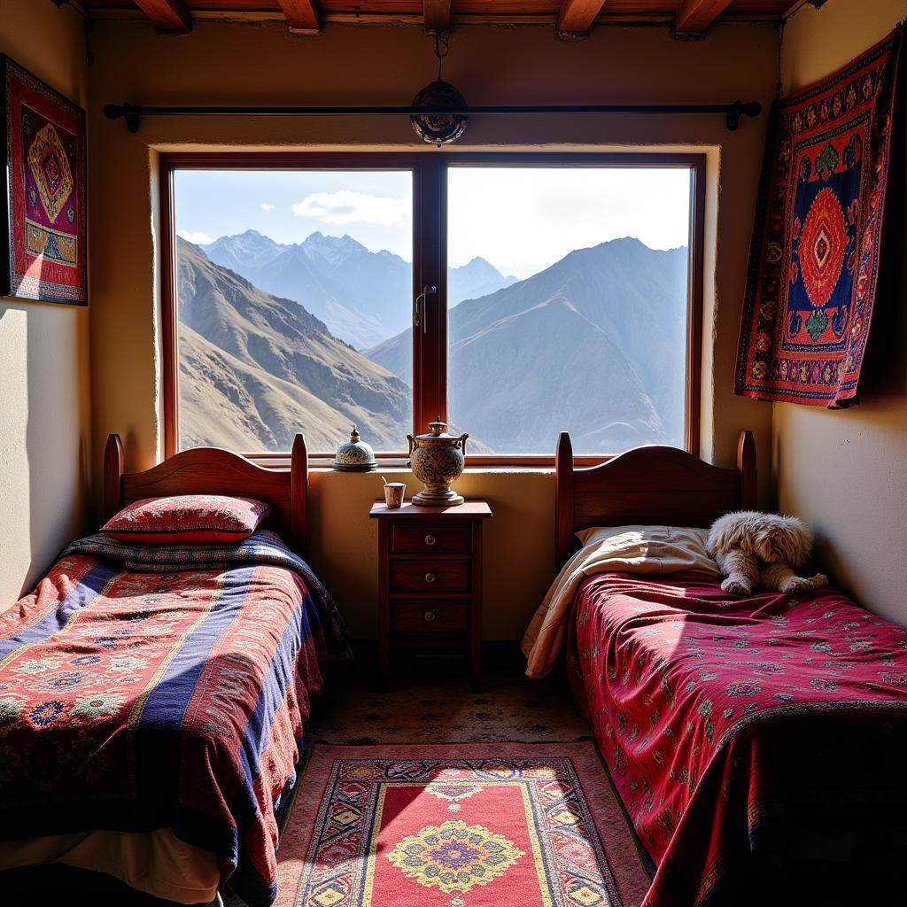 Interior view of a cozy and traditional Ladakhi homestay room