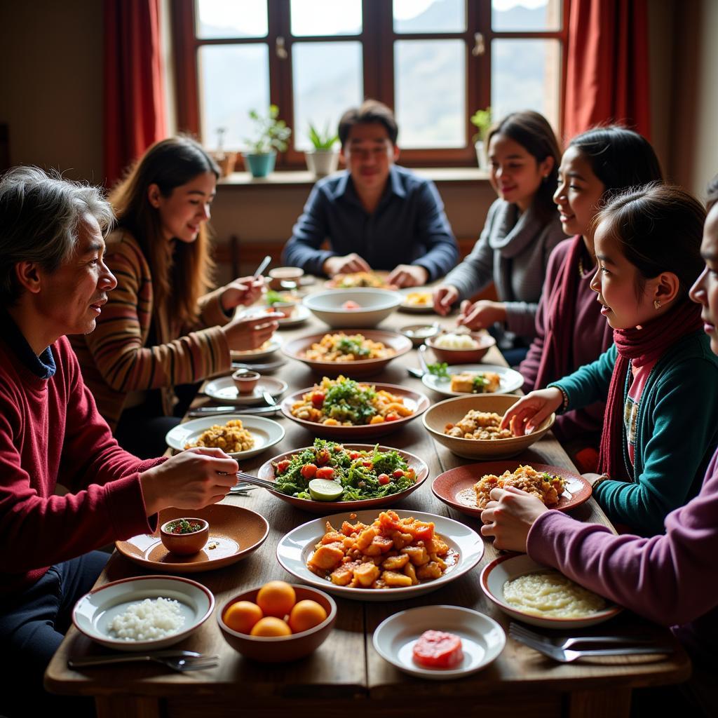 A family enjoying a traditional Ladakhi meal in their homestay