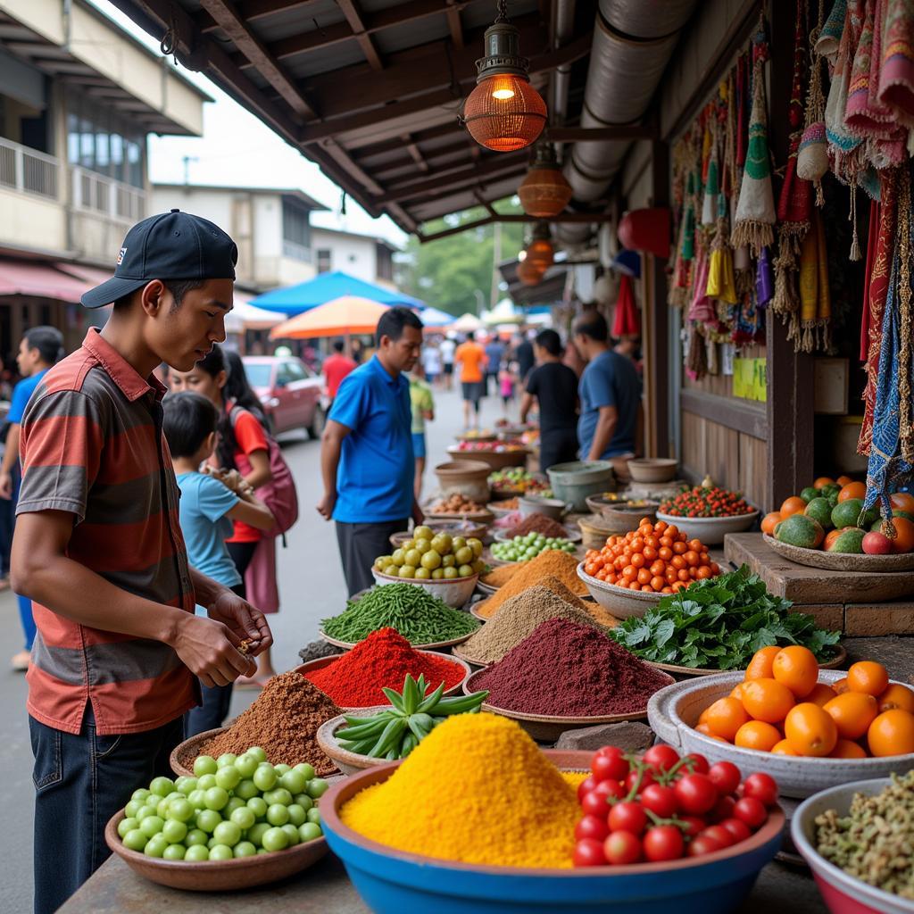 Vibrant local market in Sungai Petani bustling with activity and offering fresh produce and local crafts.