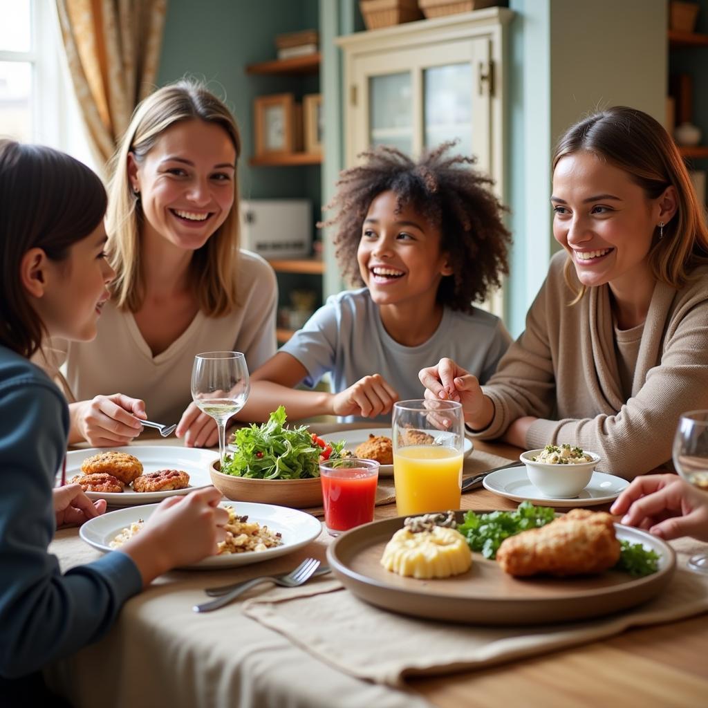 A family enjoying dinner together in a London homestay, showcasing a warm and inviting atmosphere.