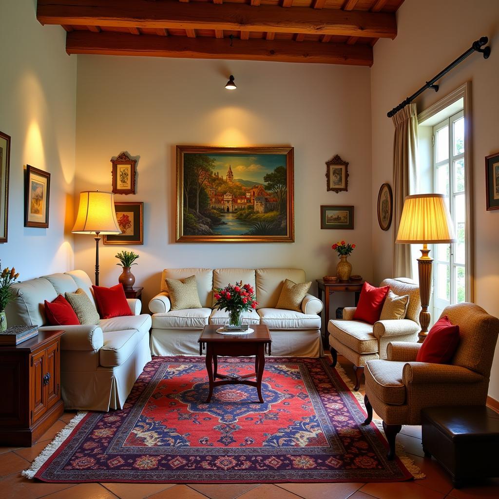 Luxurious living room in a Spanish homestay, showcasing comfortable seating and elegant decor.