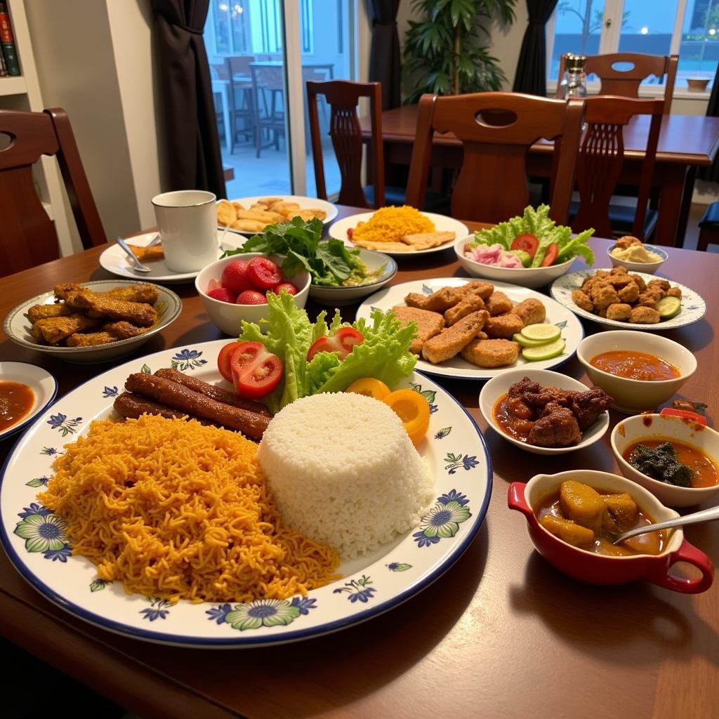 A table laden with delicious Malaysian dishes in a homestay setting.