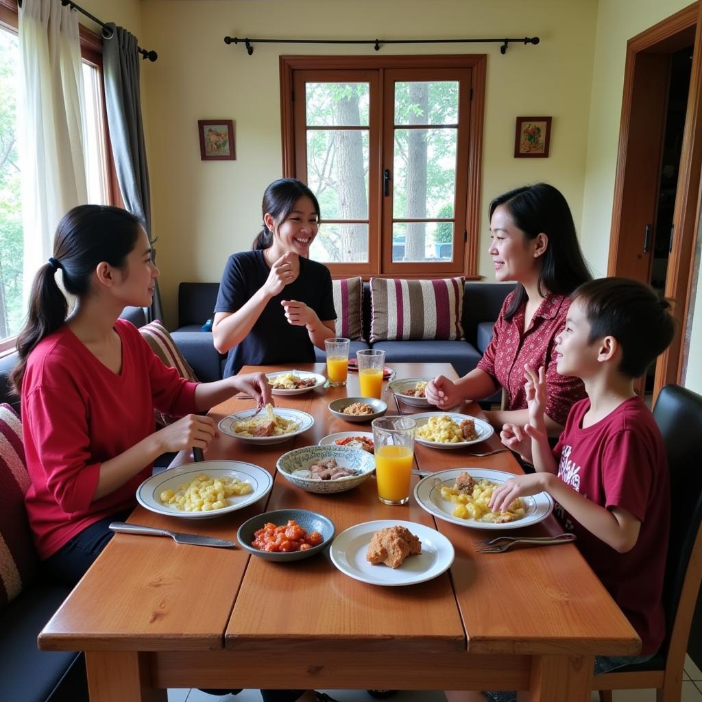 A Malaysian family enjoying a traditional meal together in a homestay setting, showcasing the warmth and hospitality of Malaysian culture.