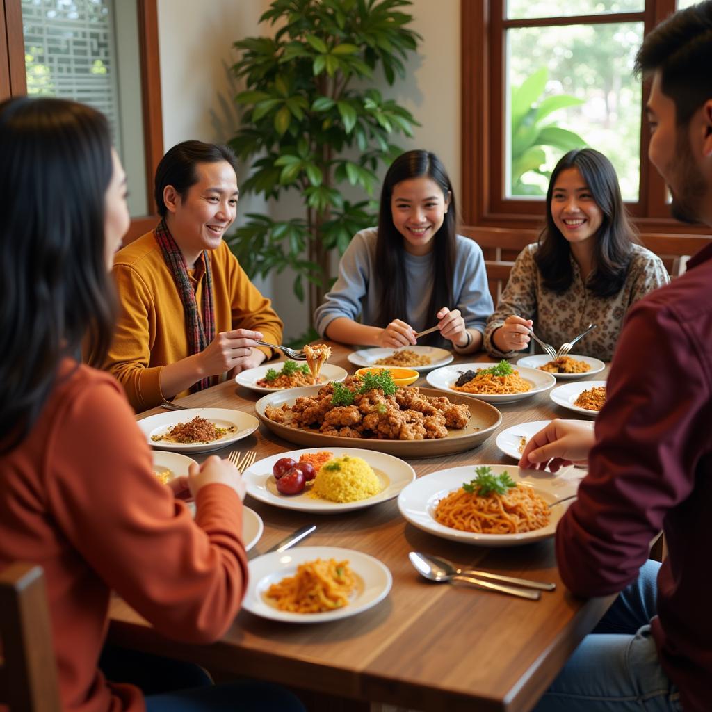 A Malaysian family enjoying a traditional dinner with homestay guests