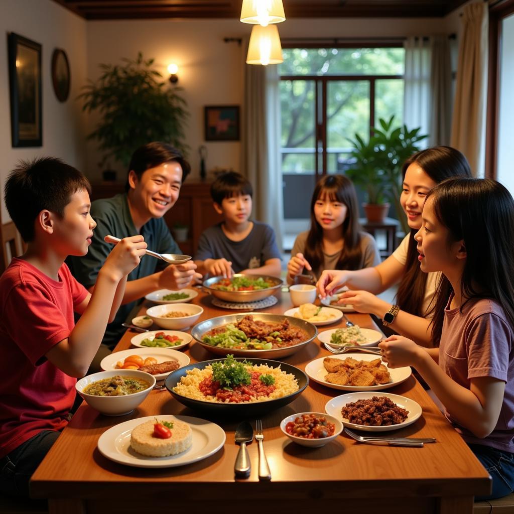 Enjoying a traditional Malaysian dinner with a homestay family