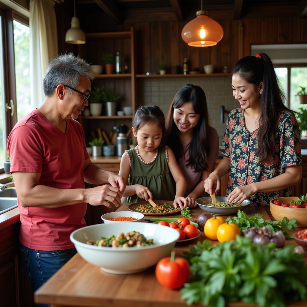 Malaysian Family Preparing Food: A warm scene of a Malaysian family preparing a meal together in their kitchen.