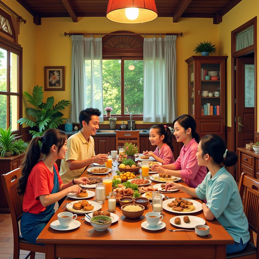 A Malaysian family enjoying breakfast together in their homestay