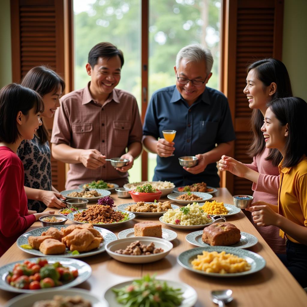 A warm and welcoming scene of a Malaysian family sharing a meal with their homestay guests in Taman Desa Aman, Parit Buntar.