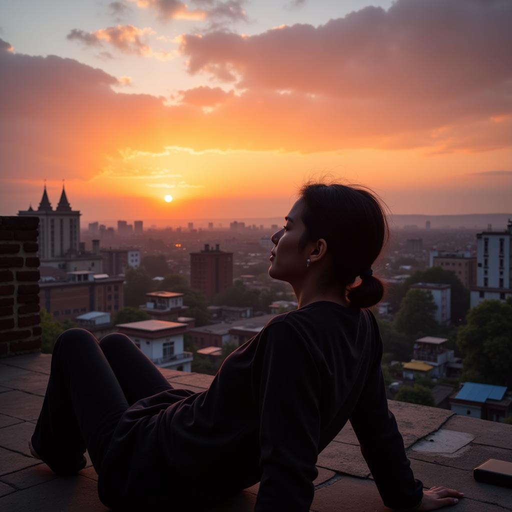 Enjoying the sunset from a Mandu homestay rooftop