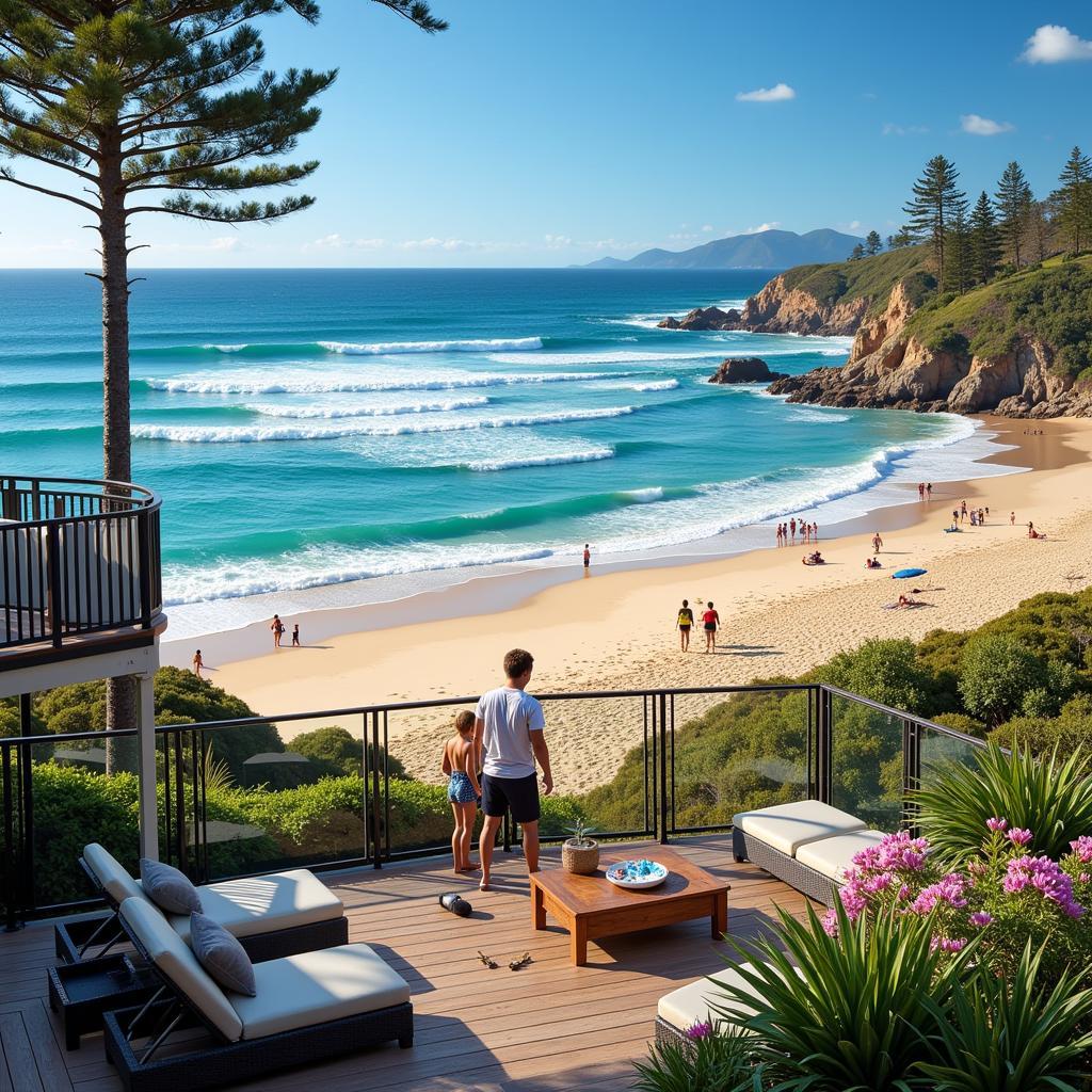 Manly Beach Homestay Sydney: A picturesque view of a cozy homestay overlooking the iconic Manly Beach, with surfers catching waves in the background and families enjoying the sand.