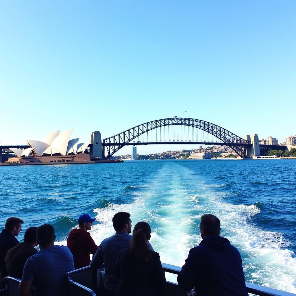 Manly Ferry Sydney Harbour View: Passengers on the Manly ferry enjoy breathtaking panoramic views of the Sydney Opera House and Harbour Bridge.