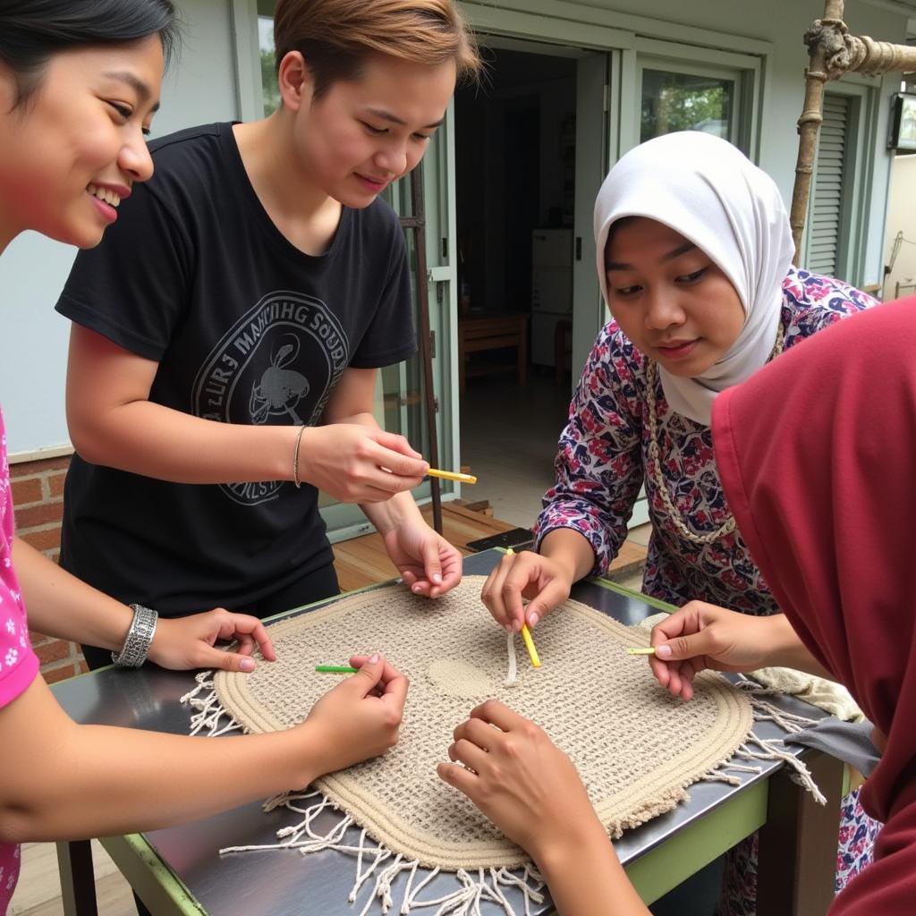 Guests participate in local activities, learning traditional crafts at a homestay in Maran, Pahang.