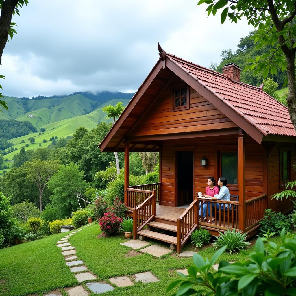 Scenic view of a traditional Malay homestay in Maran, Pahang surrounded by lush greenery and rolling hills