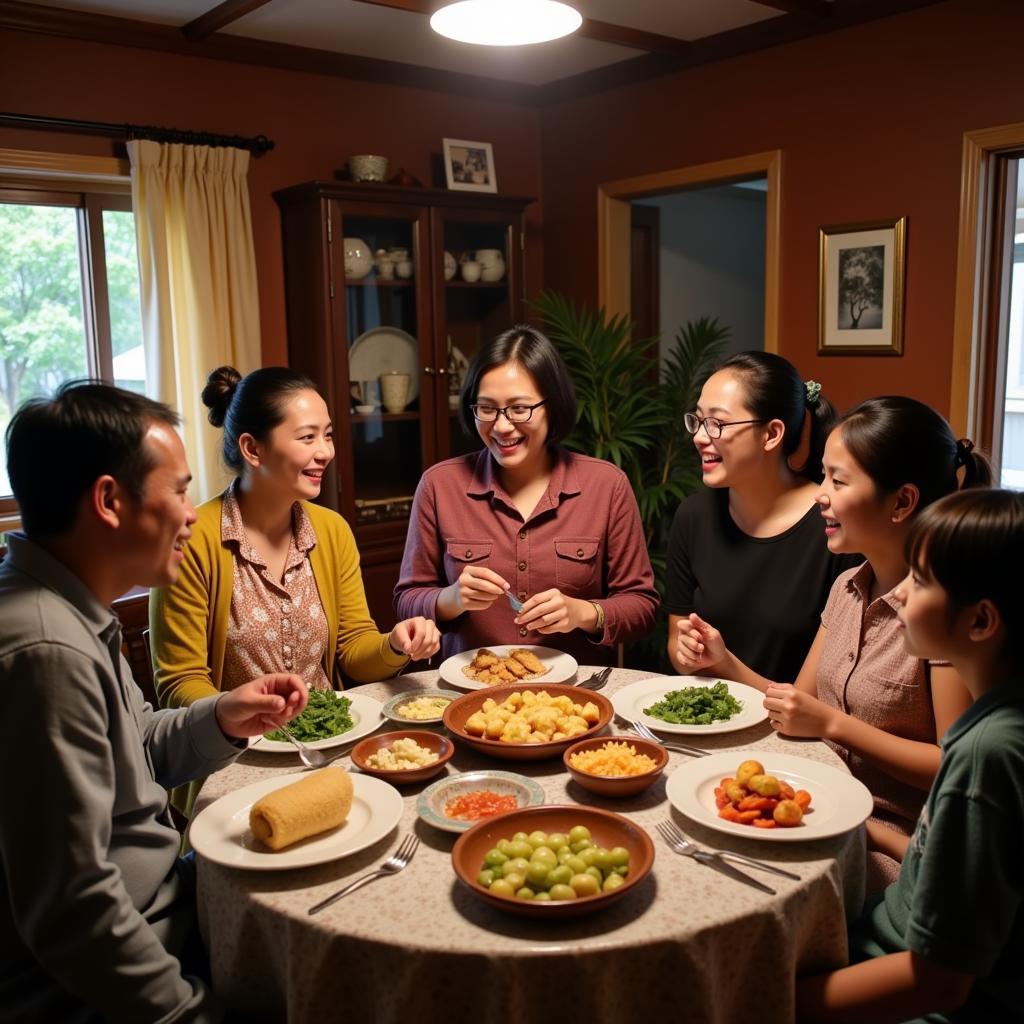 Family enjoying a traditional Melakan dinner in a homestay