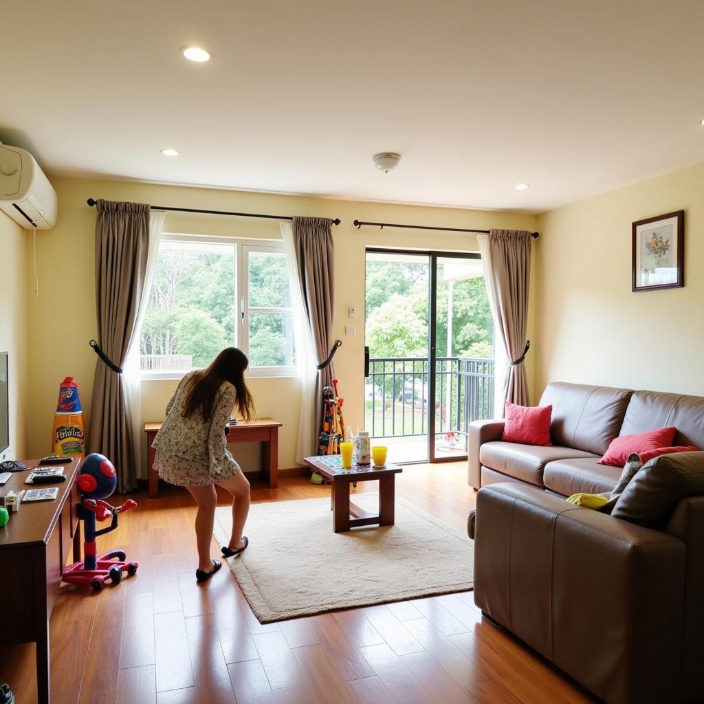 Spacious and comfortable living room in a Melaka homestay, perfect for families, with toys and games.