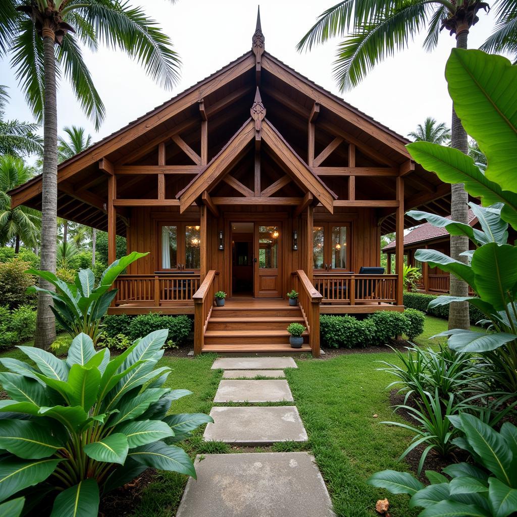 Exterior view of a traditional Malay homestay banglo in Mersing, showcasing its unique architecture and surrounding greenery.