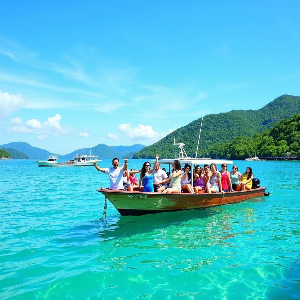 A boat filled with tourists heads towards the beautiful islands near Mersing, showcasing the exciting island-hopping opportunities available.