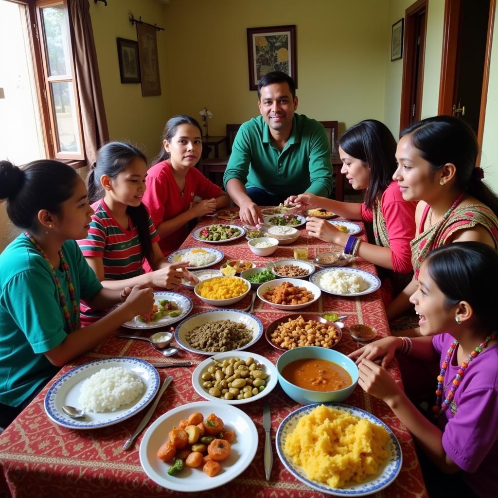 Family enjoying a traditional Bengali meal at a homestay in Mukutmanipur