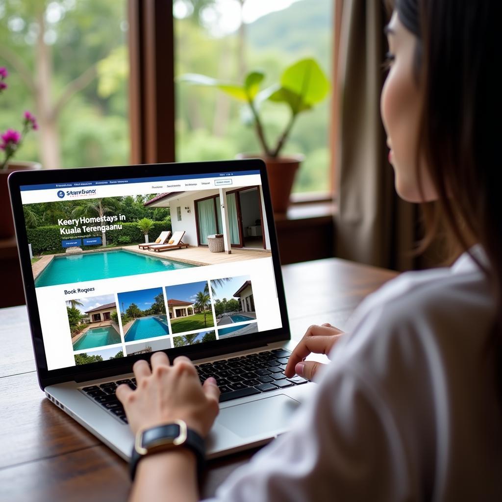 A person using a laptop to book a homestay with a swimming pool in Kuala Terengganu.