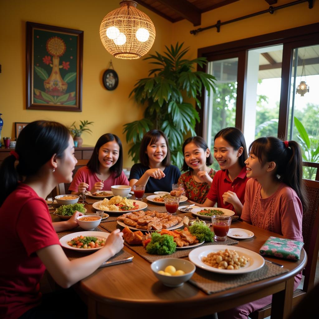 Family enjoying dinner at a Pantai Morib homestay