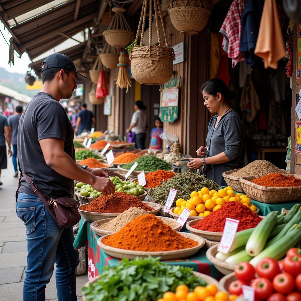 Bustling local market in Parit Buntar, Malaysia, filled with vendors selling fresh produce, local crafts, and traditional Malay snacks.