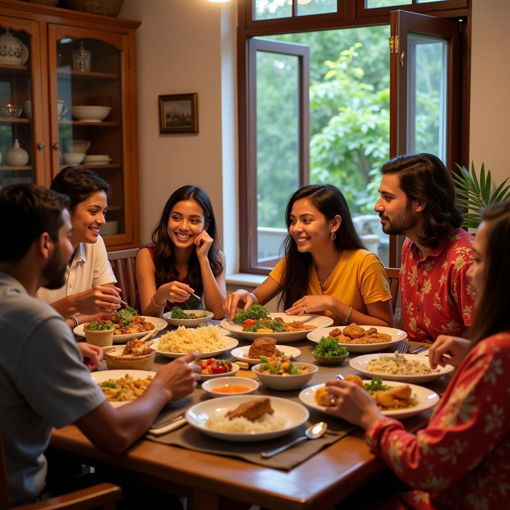 Family enjoying a meal together at a homestay in Pondicherry