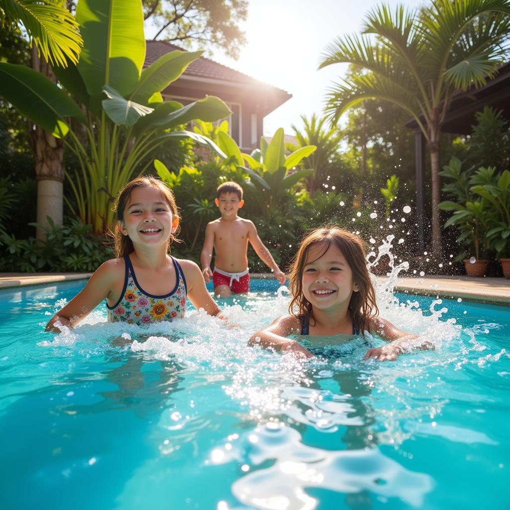 Family enjoying a Port Dickson homestay with pool