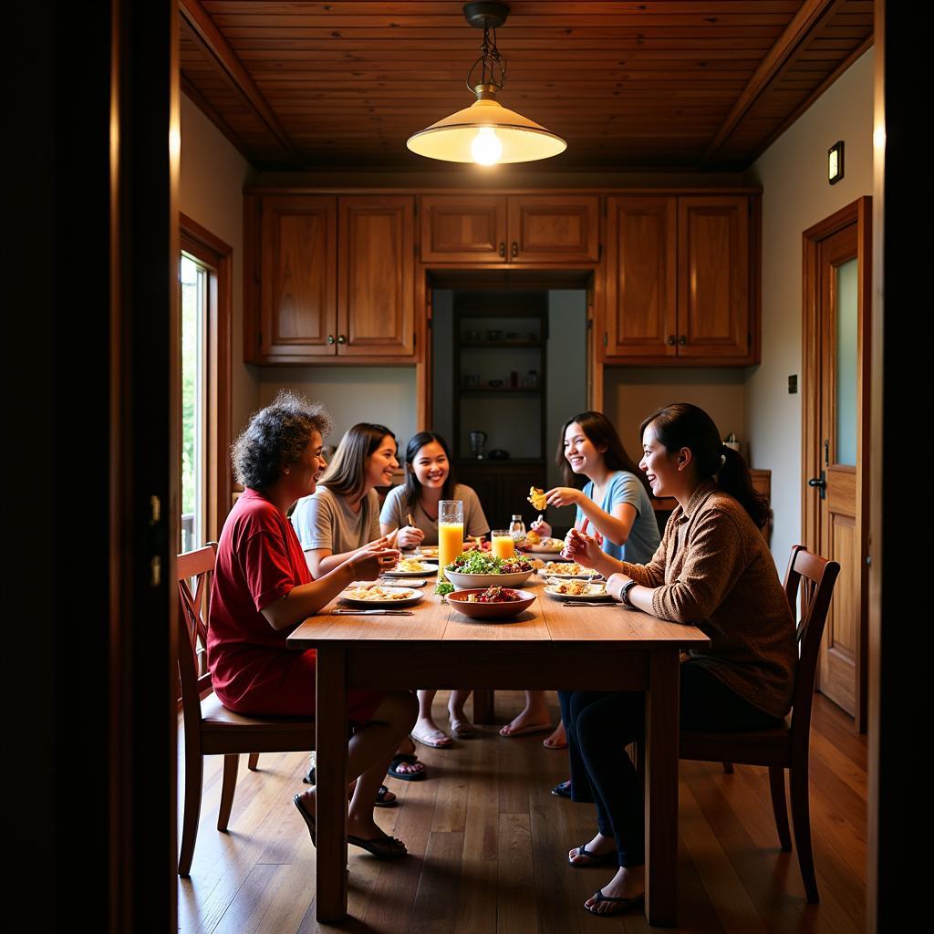 Pulau Harapan Homestay Rika:  A family gathers for a meal in their traditional Indonesian home, showcasing the warmth and hospitality of a homestay experience.