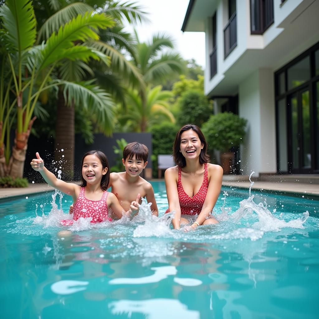 Family enjoying a Putrajaya homestay pool