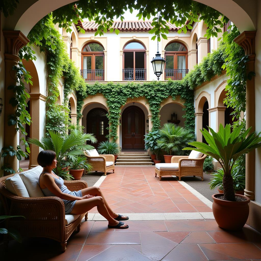 Relaxing in a tranquil Spanish courtyard during a homestay