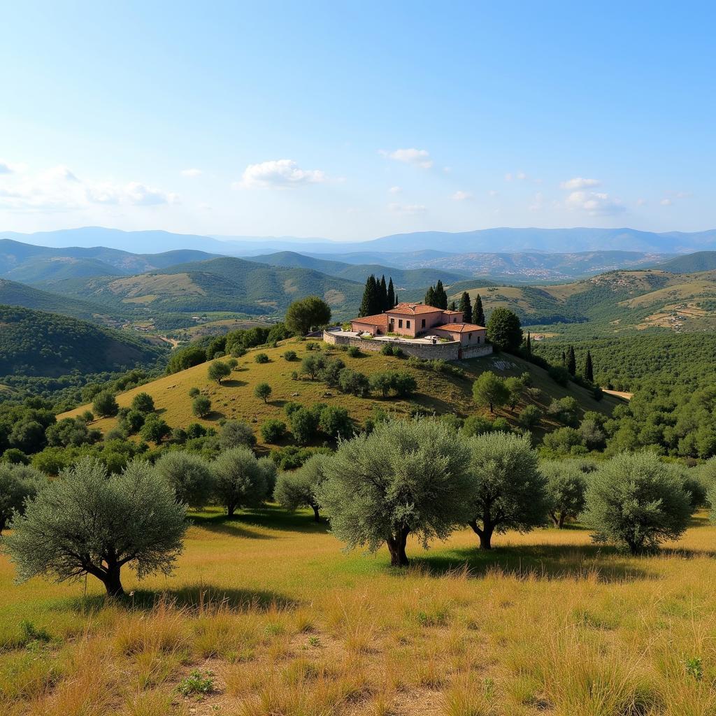 Scenic view of a rural Spanish landscape with a homestay in the distance