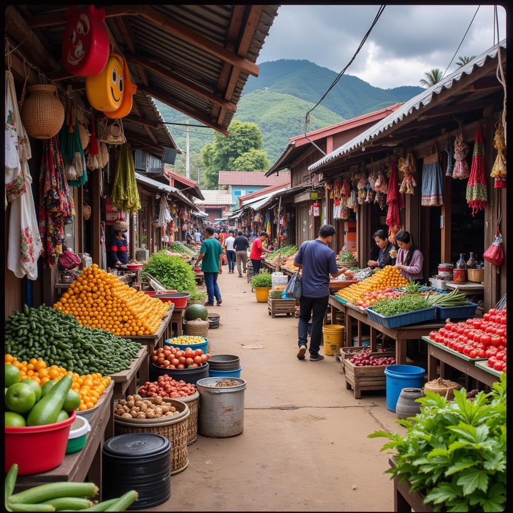 Bustling local market in Sabak Bernam, Malaysia, showcasing fresh produce and local crafts.