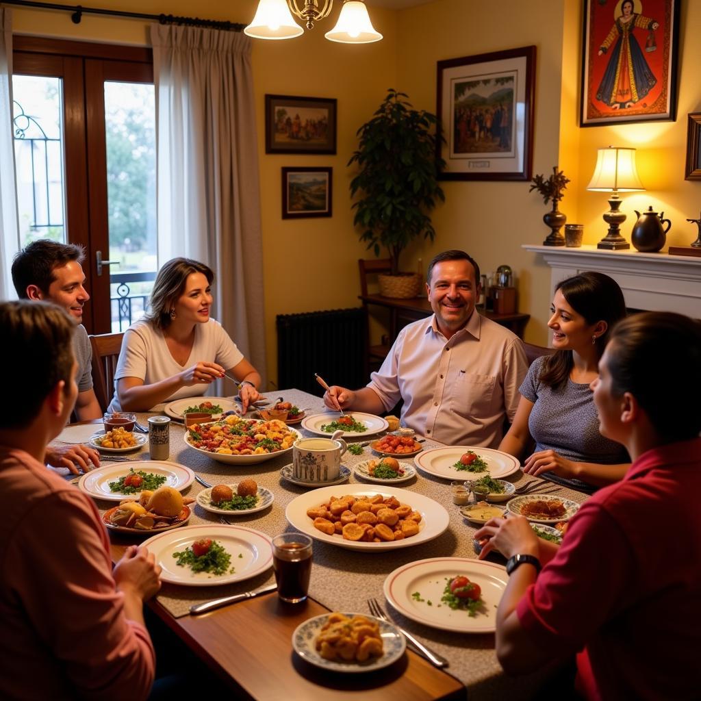 Family enjoying a traditional Spanish dinner in a San Mateo homestay