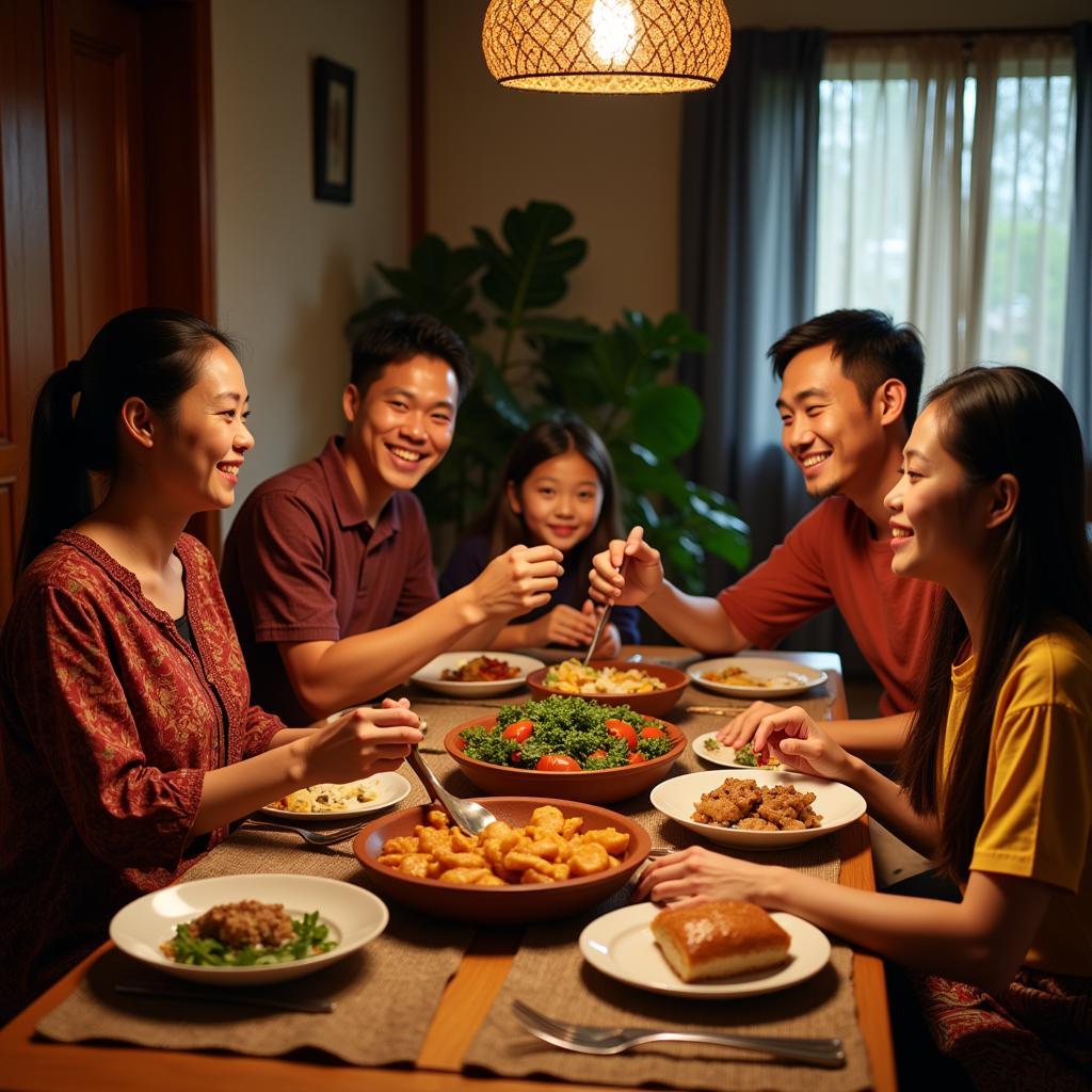 Sarawakian Family Enjoying a Traditional Meal in a Homestay