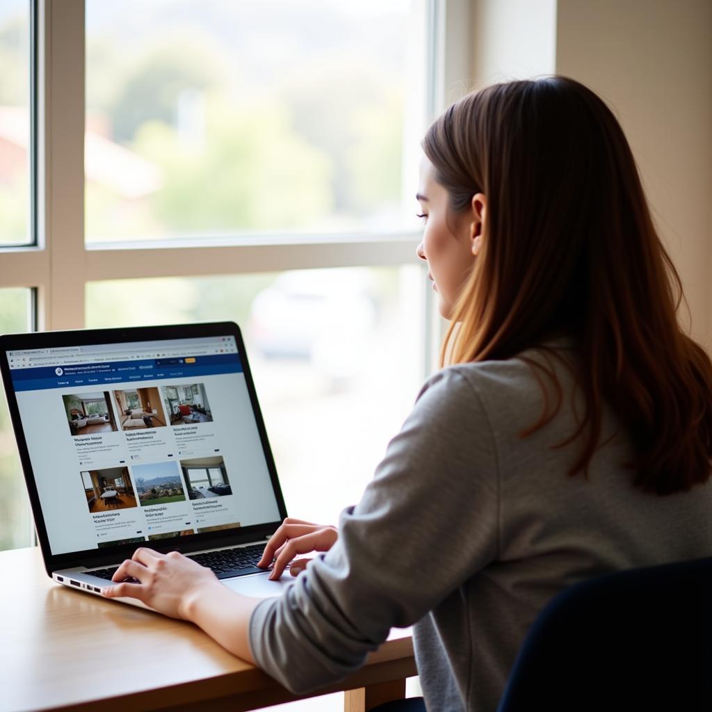 International student searching for homestays in Hobart on a laptop