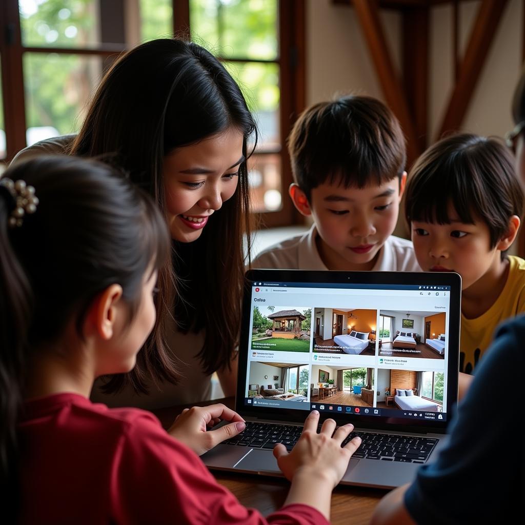 Family researching homestays online