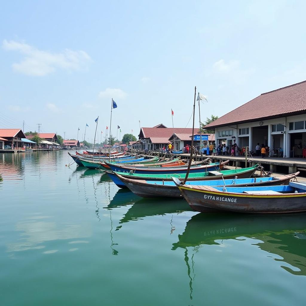 Senggarang Batu Pahat Homestay: A tranquil scene of fishing boats in the calm waters of Senggarang village, showcasing the peaceful atmosphere of a homestay experience.