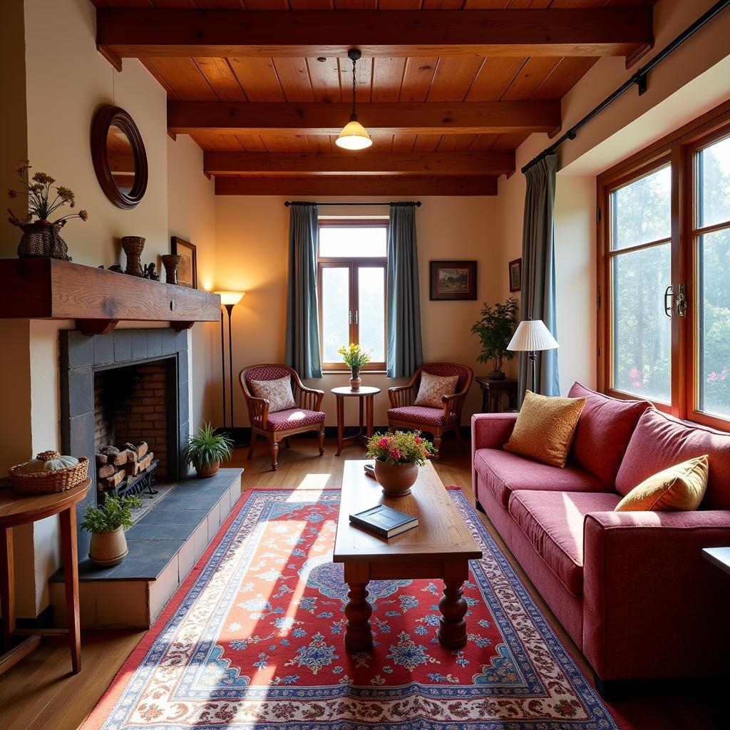 Cozy interior of a Shimla homestay, showcasing traditional decor, comfortable seating, and a warm, welcoming atmosphere.