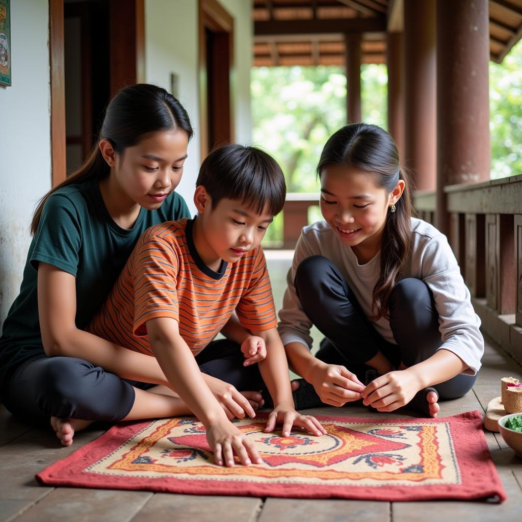 Family participating in traditional Cambodian activities in Siem Reap