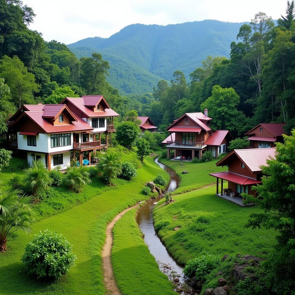 Tranquil village life in Simpang Empat Melaka, showing traditional Malaysian houses and lush greenery.