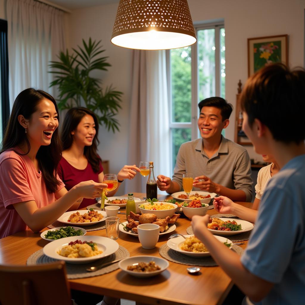 Family enjoying dinner together in a Singapore homestay.