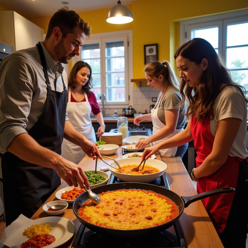 Learning to make paella in a Spanish homestay cooking class