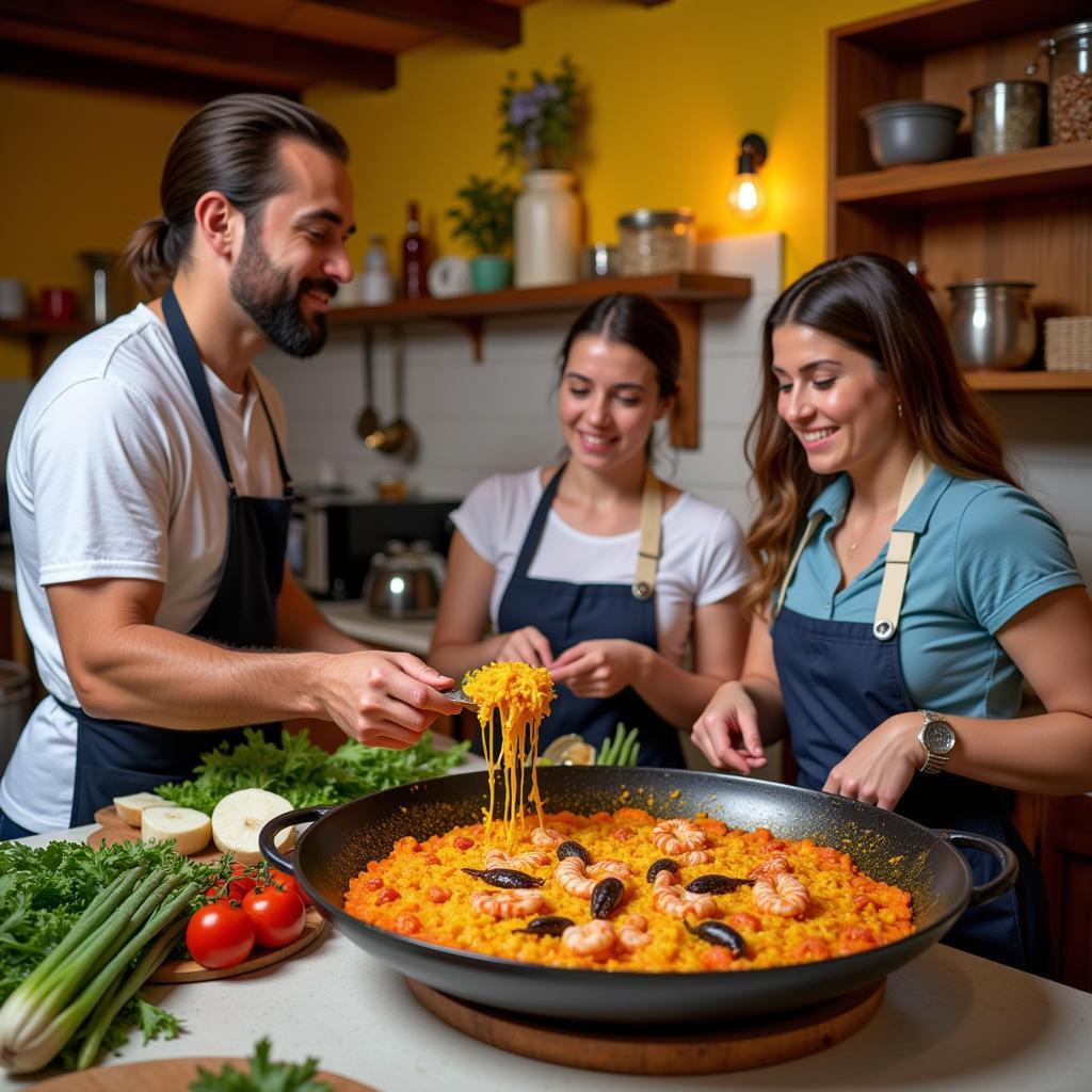 Learning to cook paella in a Spanish homestay