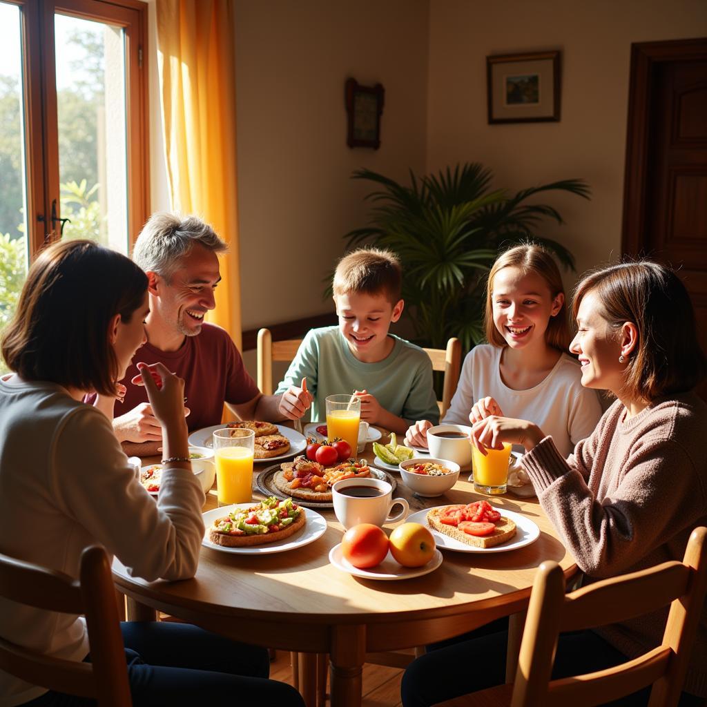 A Spanish family enjoying breakfast together in their cozy aum homestay.