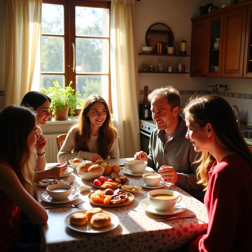 Spanish family enjoying breakfast in a homestay setting